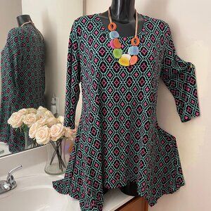 LOFT Women's Top, LARGE, pink turquoise, stretch Tunic, L